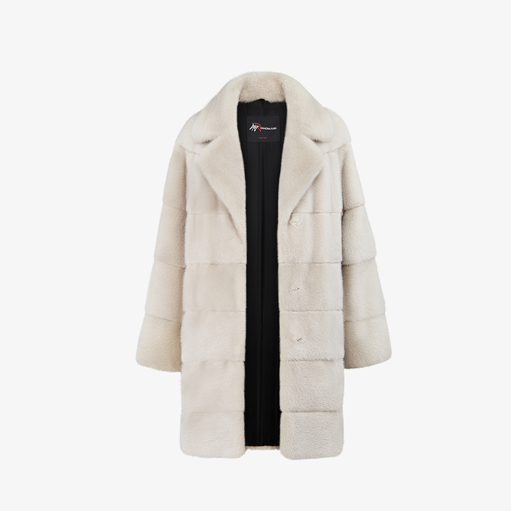 Cappotto al ginocchio di visone collo inglese beige 90 cm