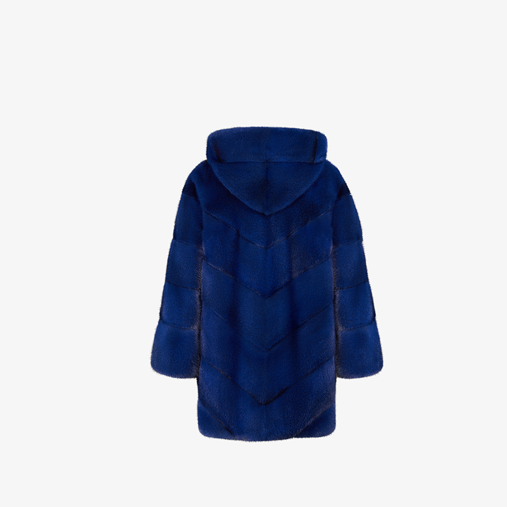 Veste en vison oversize avec capuche bleu électrique de 80 cm