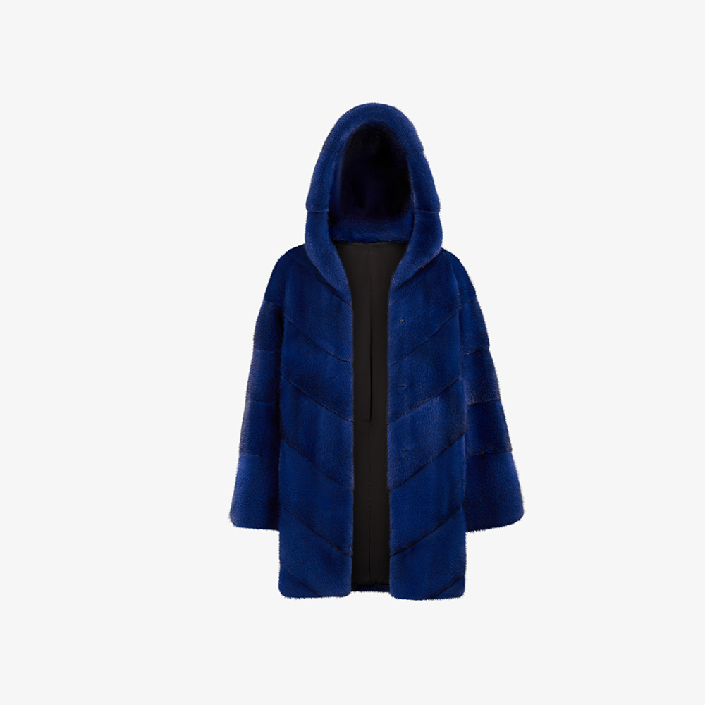 Giacca di visone over con cappuccio blu elettrico 80 cm