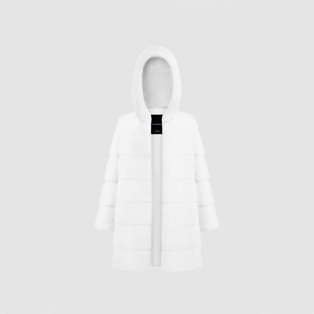 Cappotto in visone con cappuccio bianco 85cm
