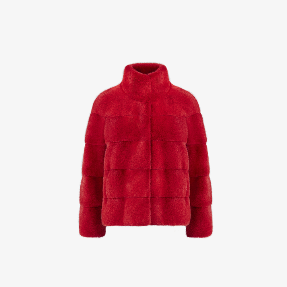 Giacca corta di visone collo alto rosso corallo 60 cm