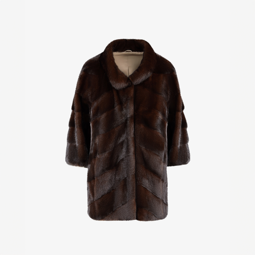 Cappotto di visone con collo alto e lavorazione diagonale mogano 75 cm