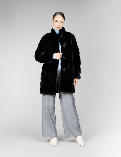 Cappotto in visone con collo alto, nero, 85 cm 
