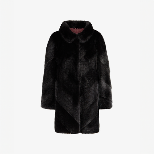 Cappotto di visone con collo alto e lavorazione diagonale nero 90 cm