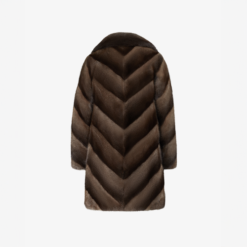 Cappotto di visone con collo inglese e lavorazione diagonale marrone 90 cm