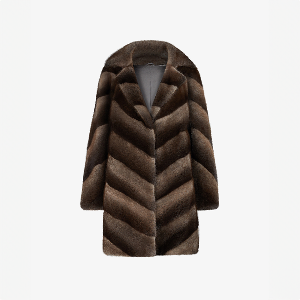 Cappotto di visone con collo inglese e lavorazione diagonale marrone 90 cm