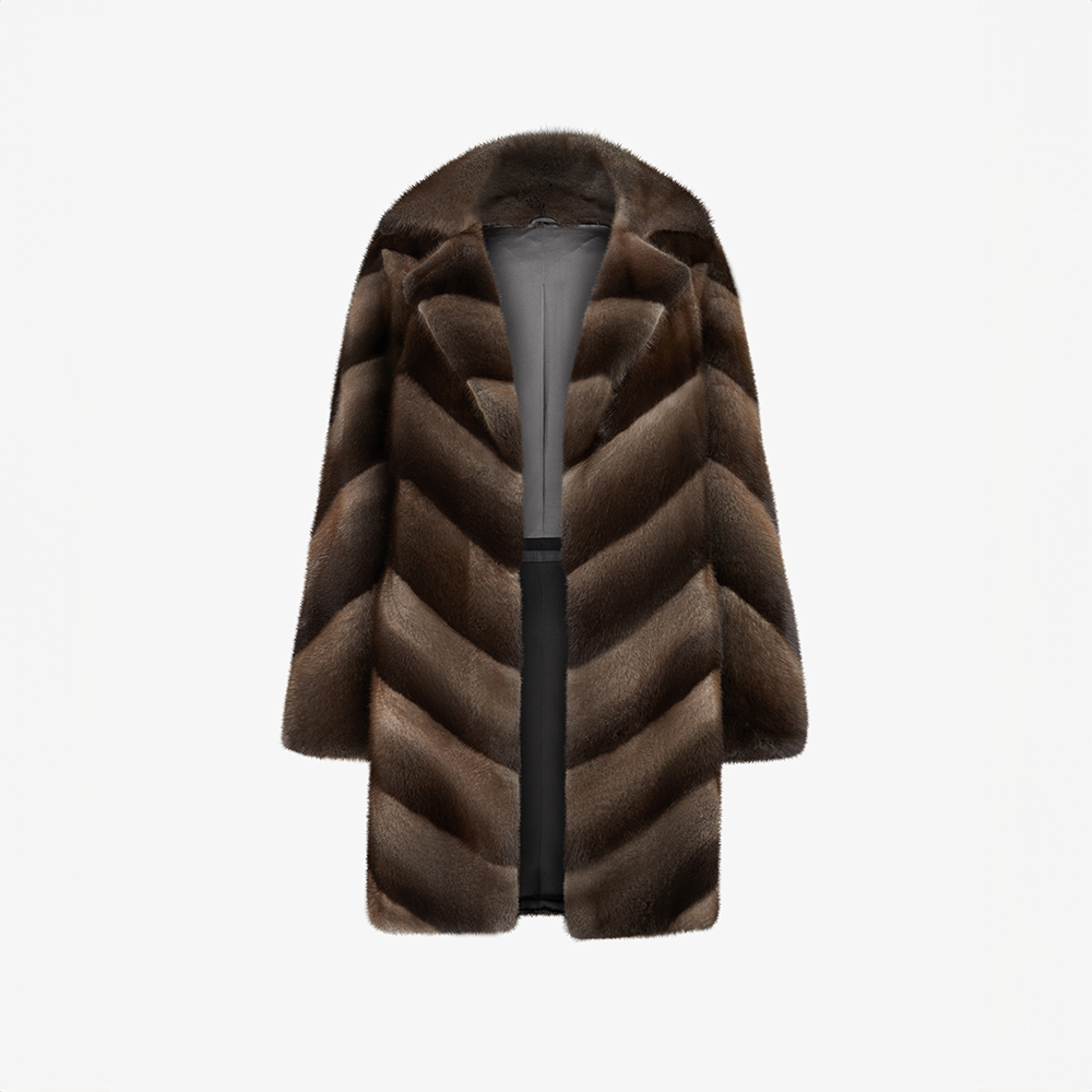 Cappotto di visone con collo inglese e lavorazione diagonale marrone 90 cm