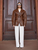 Blazer di pelle slim con bottoni, cognac, 70 cm