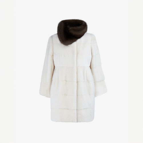 Cappotto di visone con collo alto a contrasto di zibellino bianco 80 cm
