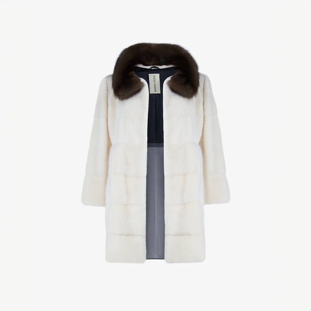 Cappotto di visone con collo alto a contrasto di zibellino bianco 80 cm