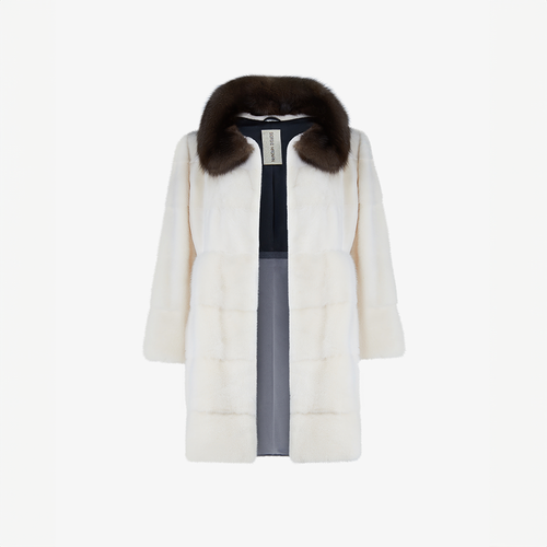 Cappotto di visone con collo alto a contrasto di zibellino bianco 80 cm