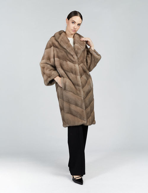 Cappotto in visone diagonale con collo inglese grigio 100cm