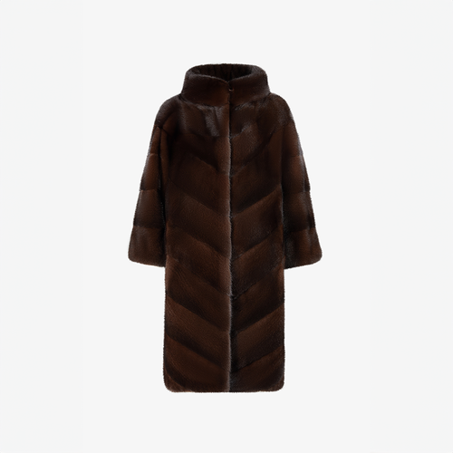 Cappotto di visone con collo alto e lavorazione diagonale mogano 90 cm
