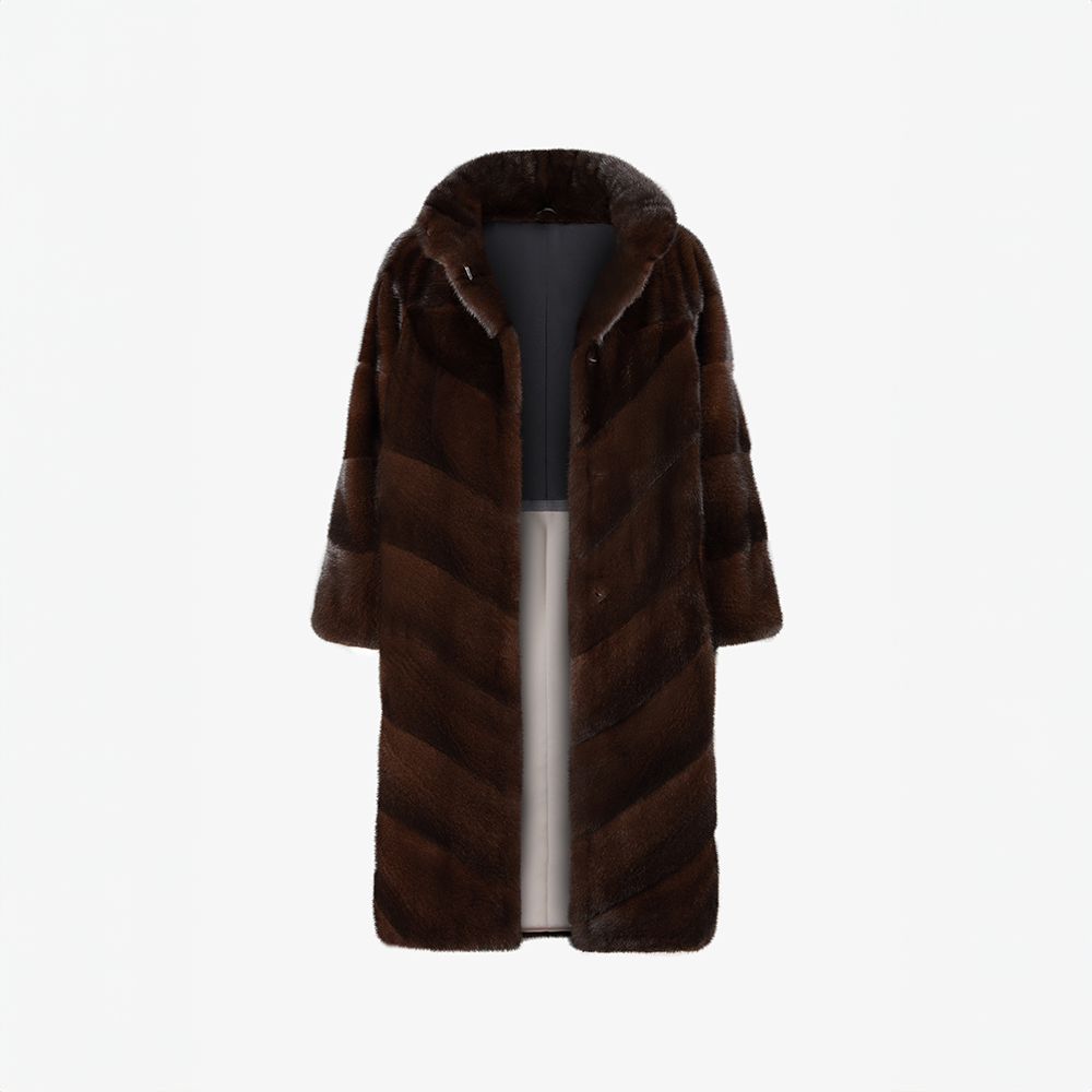 Cappotto di visone con collo alto e lavorazione diagonale mogano 90 cm