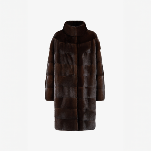 Cappotto di visone con collo alto e lavorazione orizzontale mogano 95 cm