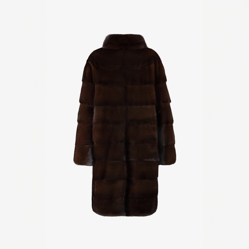 Cappotto di visone con collo alto e lavorazione orizzontale mogano 95 cm