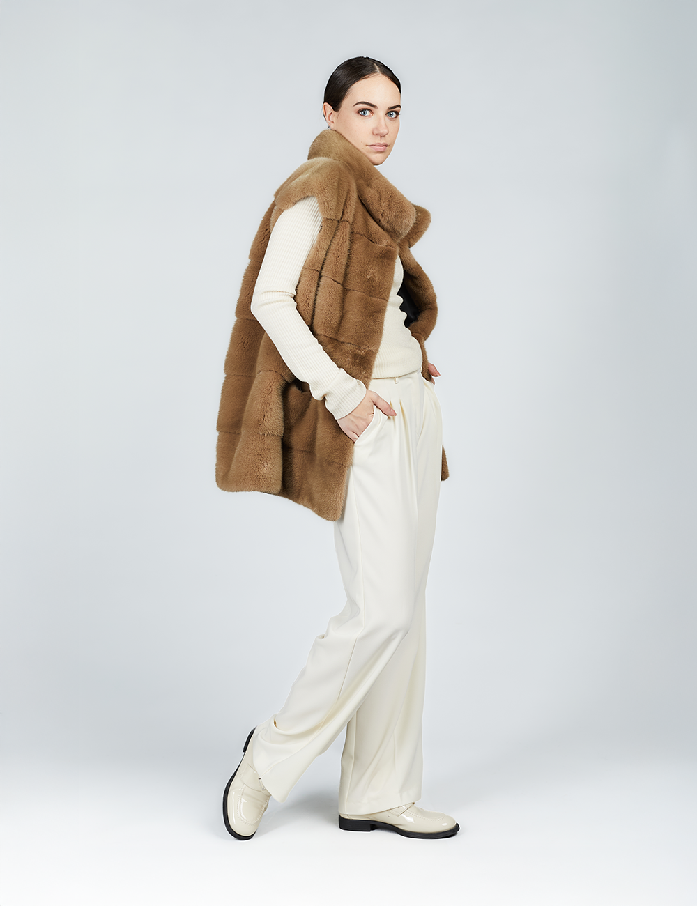 Mink fur vest with high collar, beige color, 75 cm