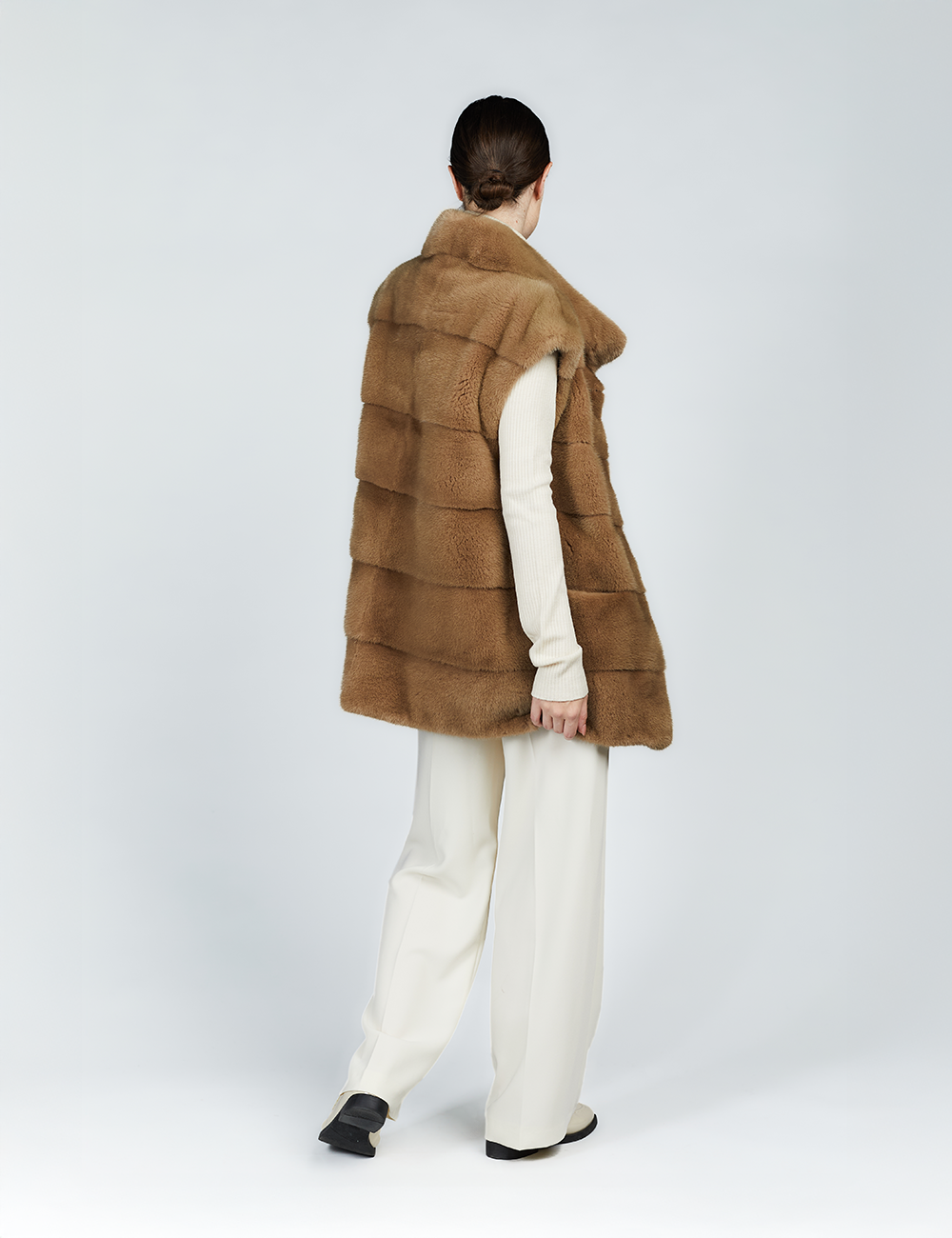 Mink fur vest with high collar, beige color, 75 cm