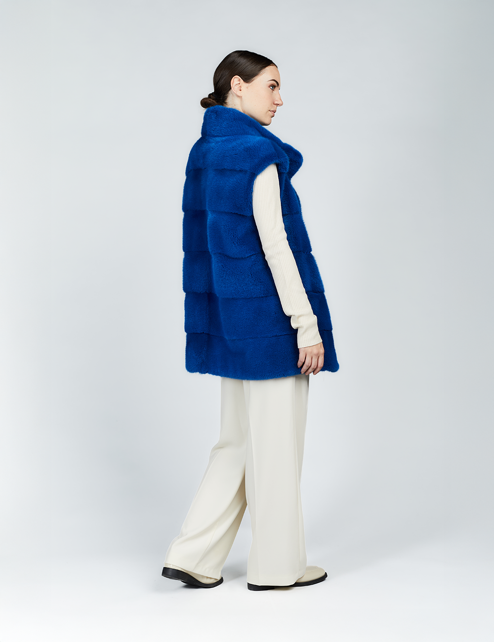 Vison fur vest with high electric blue collar 75cm