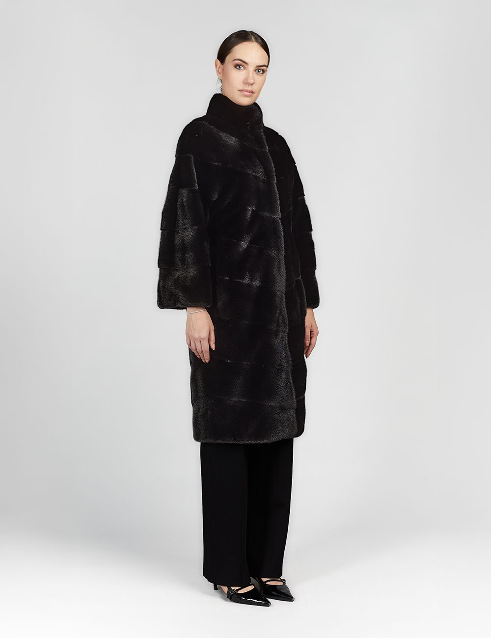 Cappotto lungo in visone oversized diagonale nero 100cm