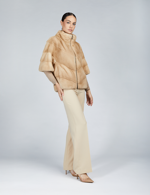Short mink jacket with zip, palomino, 60 cm