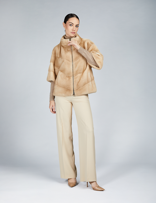 Giacca corta in visone con zip, palomino, 60 cm