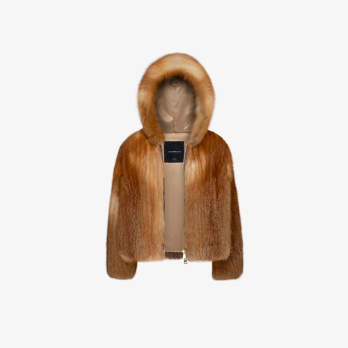 Bomber in volpe rossa con cappuccio e zip 60 cm