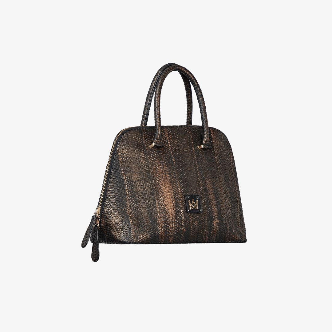 Borsa a mano in pelle con inserti in serpente marrone