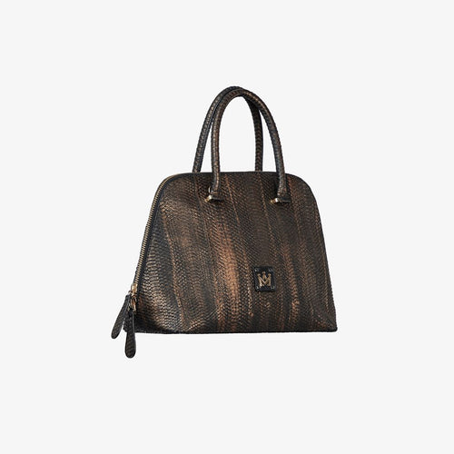 Borsa a mano in pelle con inserti in serpente marrone