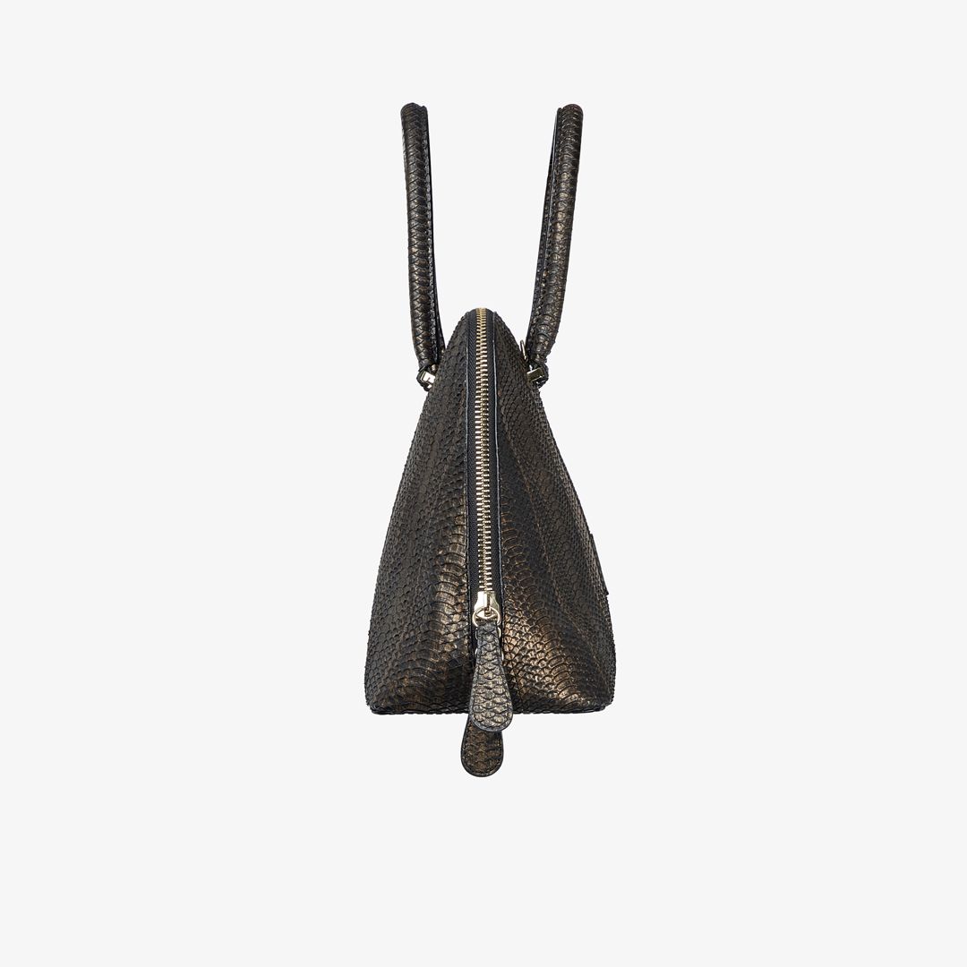 Borsa a mano in pelle con inserti in serpente marrone