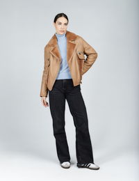 Veste courte en mouton avec fermeture éclair beige de 60cm