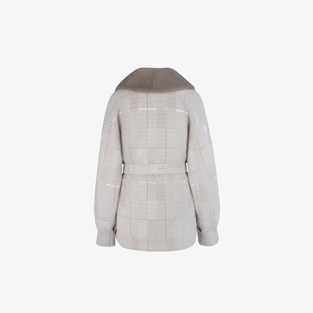 Cardigan in lama con cintura in vita beige 70 cm