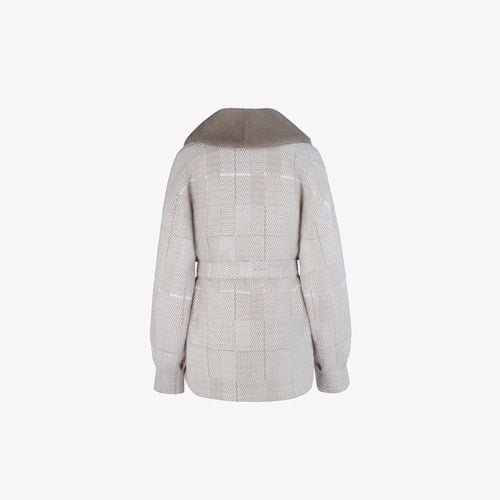 Cardigan in lama con cintura in vita beige 70 cm