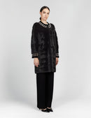 Cappotto in visone senza collo con bordi in lana nero 90cm