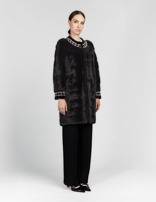 Cappotto in visone senza collo con bordi in lana nero 90cm