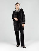 Cappotto in visone senza collo con bordi in lana nero 90cm