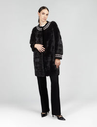 Cappotto in visone senza collo con bordi in lana nero 90cm