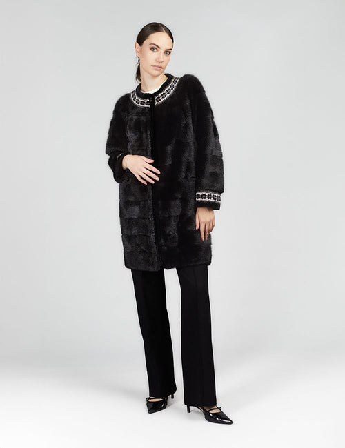 Cappotto in visone senza collo con bordi in lana nero 90cm