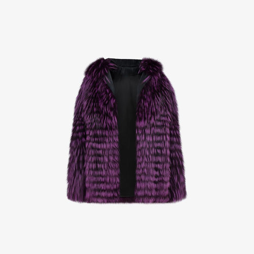 Giacca in volpe filettata con cappuccio viola 75 cm