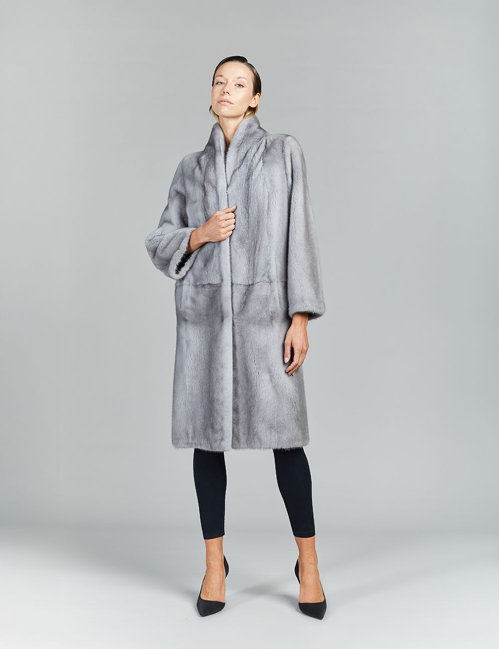 Cappotto in visone a pelle intera, collo a scialle, zaffiro, 105 cm