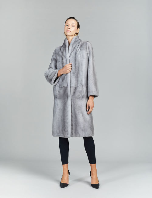 Cappotto in visone a pelle intera, collo a scialle, zaffiro, 105 cm