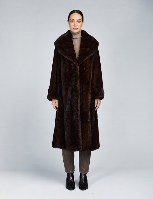 Cappotto lungo in visone con ampio collo pelle intera mogano 115cm