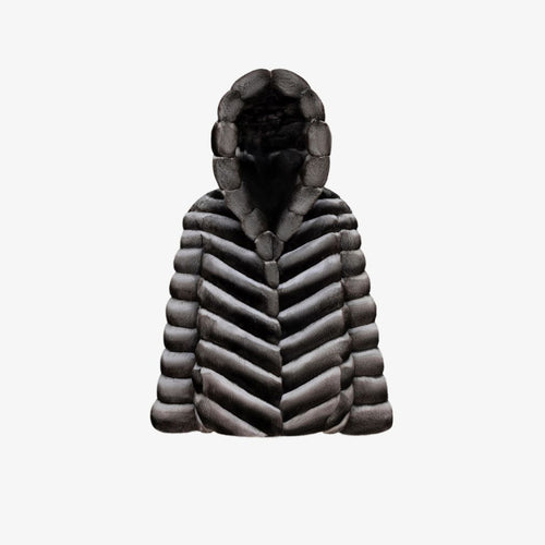 Natural chinchilla jacket with hood, 65 cm.