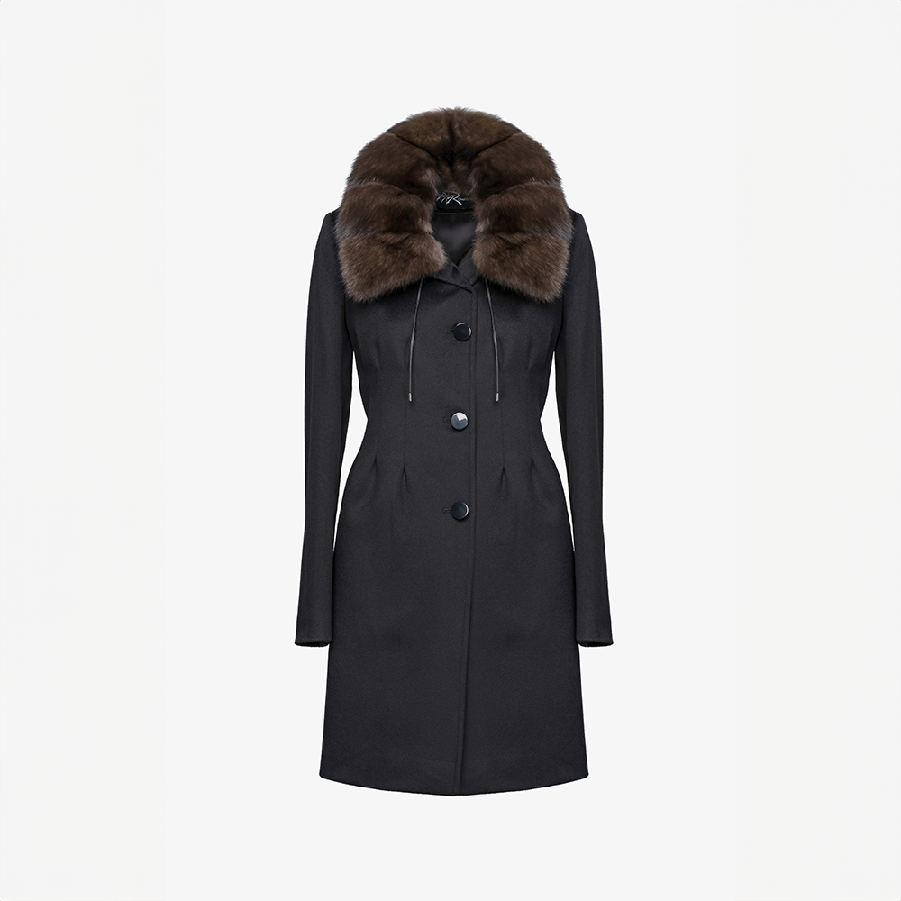 Manteau en cachemire avec col en zibeline noire de 90 cm