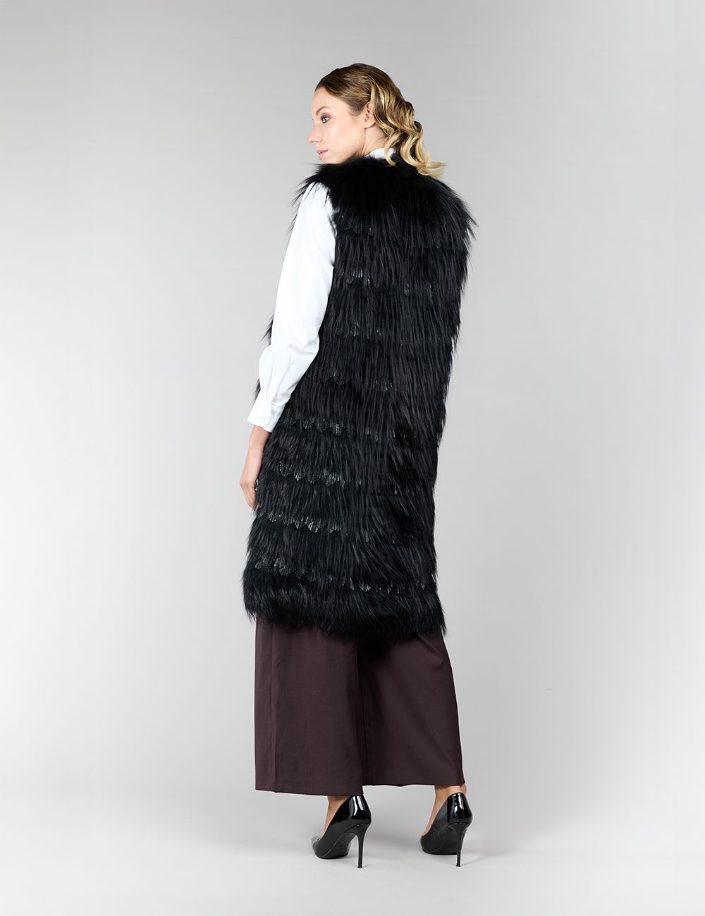 Gilet lungo in volpe argentata nera, 100 cm