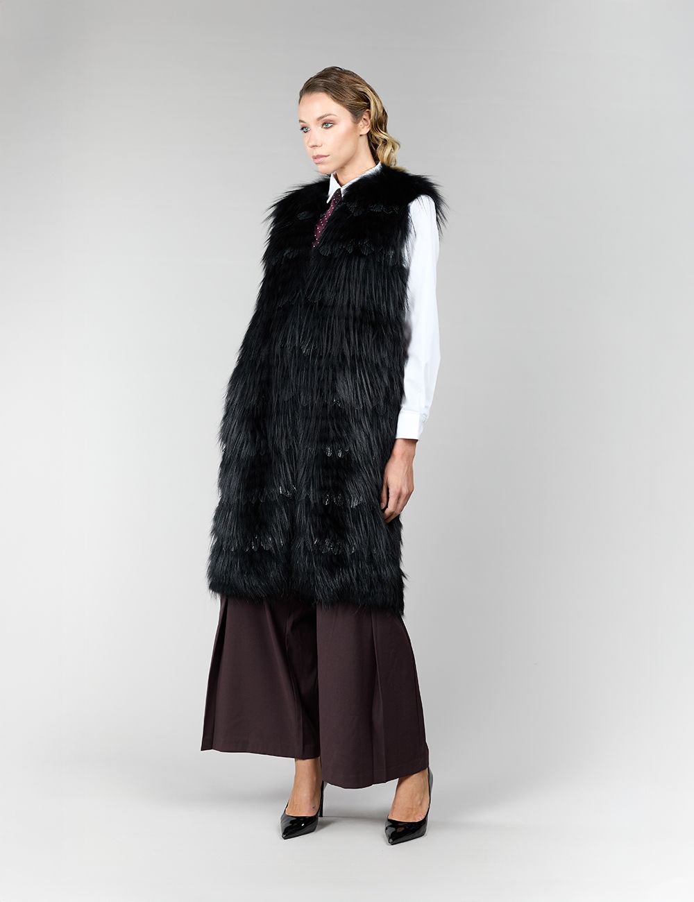 Gilet lungo in volpe argentata nera, 100 cm