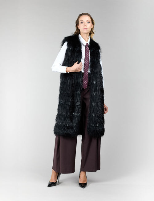 Gilet lungo in volpe argentata nera, 100 cm