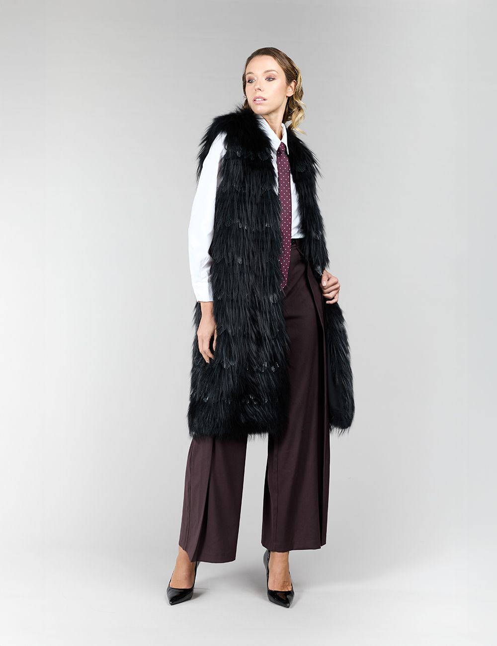 Gilet lungo in volpe argentata nera, 100 cm