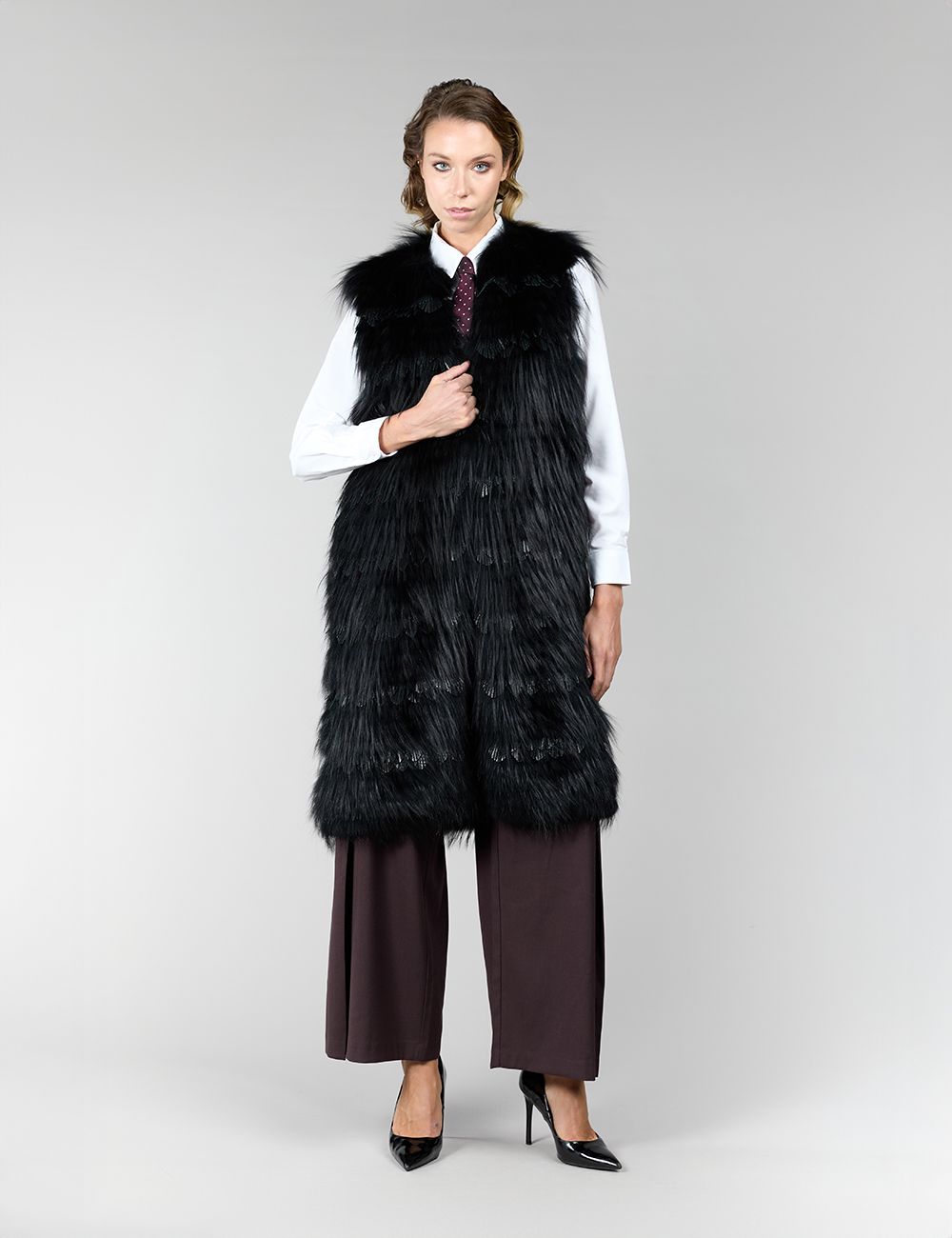 Gilet lungo in volpe argentata nera, 100 cm