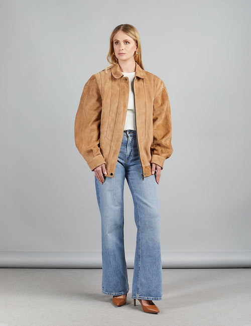 Giacca di camoscio oversized con zip cammello 70 cm